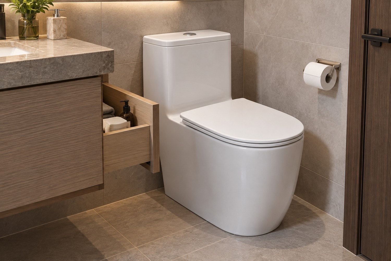 Show a realistic side-clearance conflict check between a toilet, vanity drawer and wall in a compact bathroom mock-up