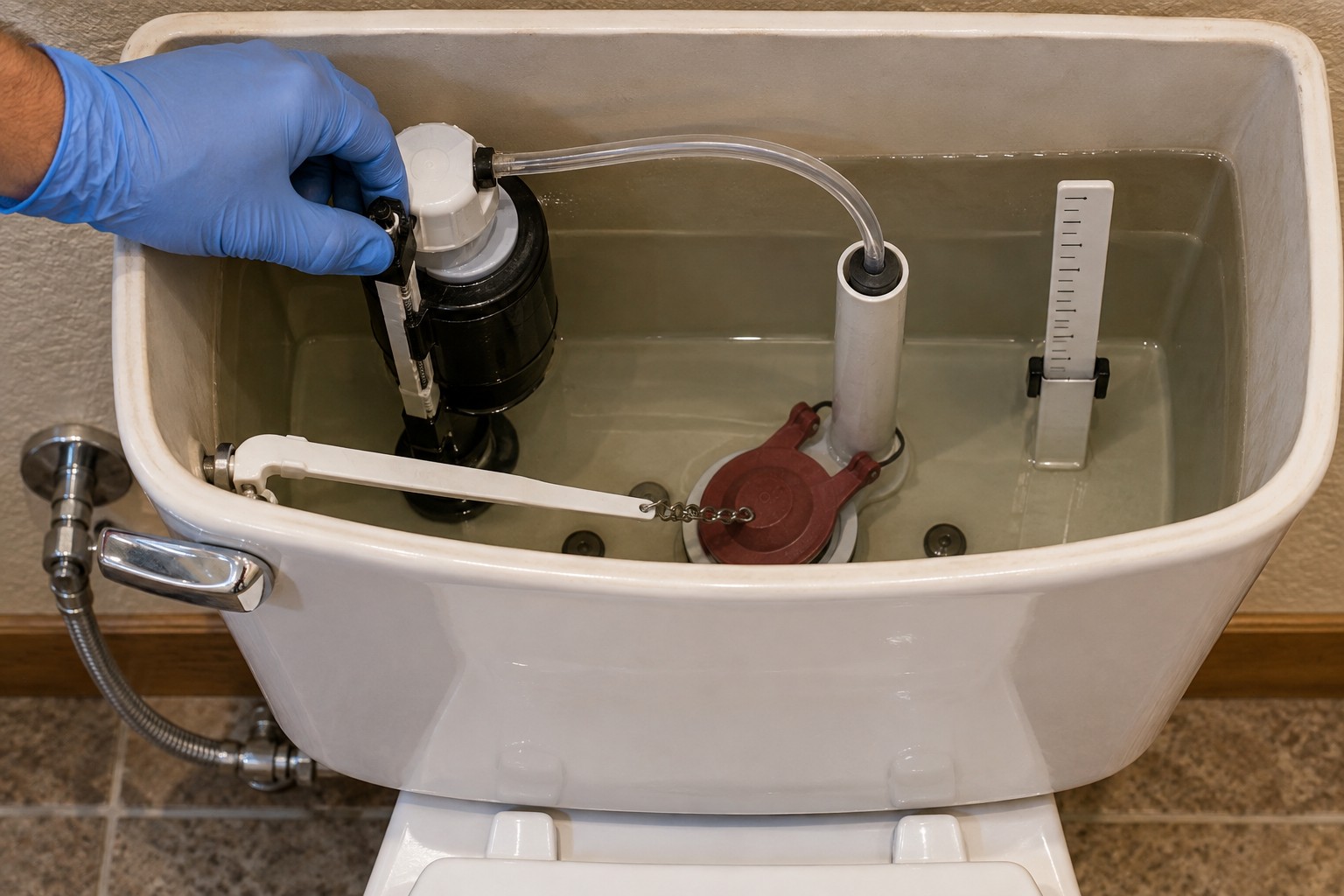 An overhead view of a toilet cistern water level and test setup being checked before a repeat run