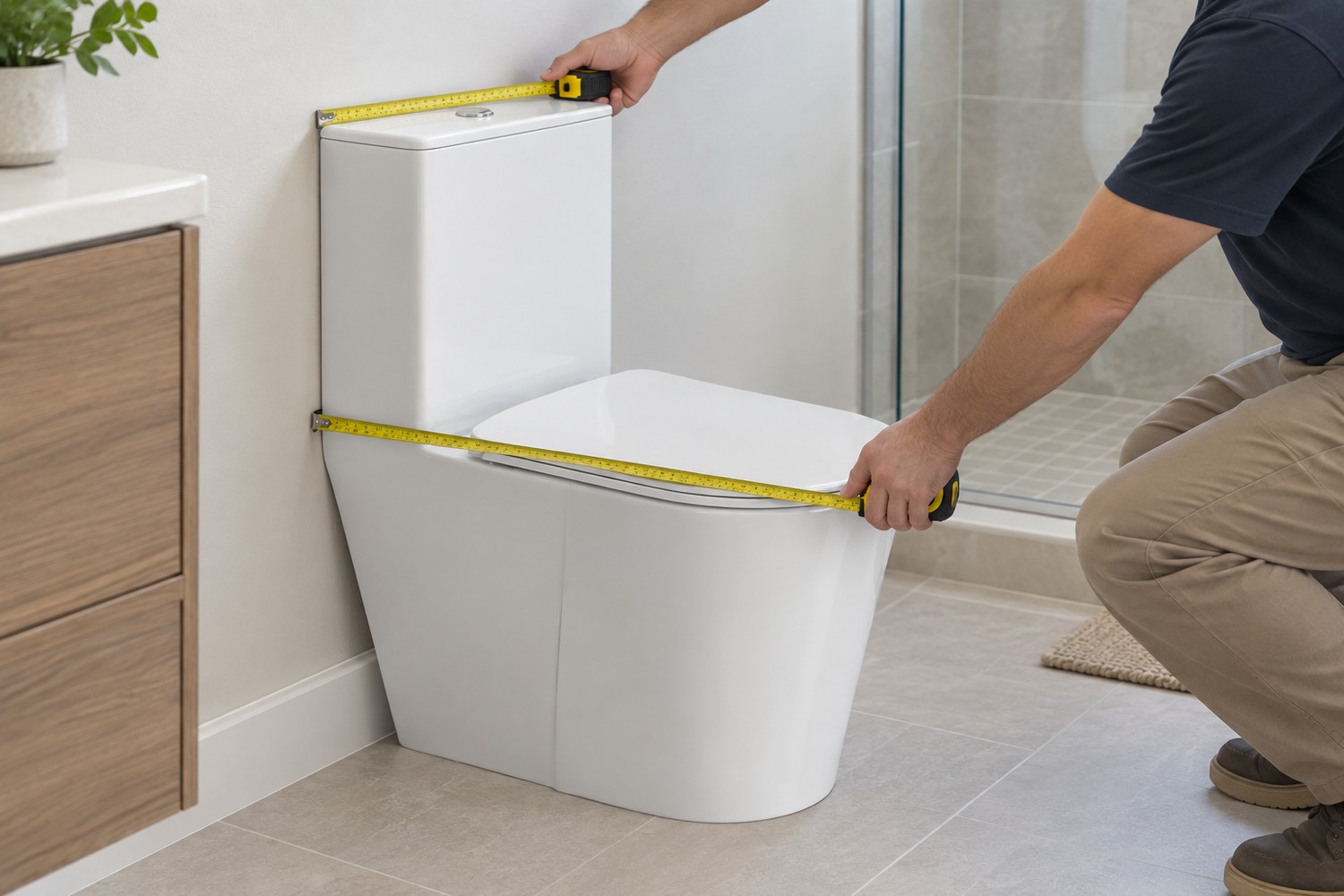 Show a toilet sample being measured for overall width and finished-wall-to-front projection with no readable dimension overlays