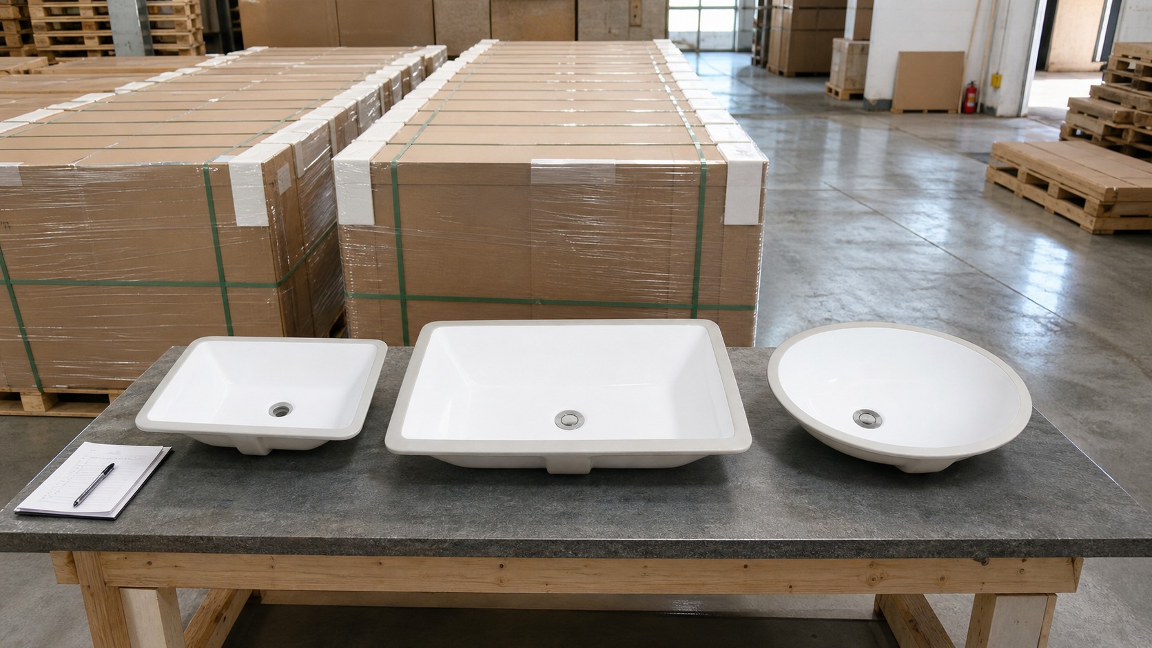Undermount ceramic bathroom basins inspected and packed for export