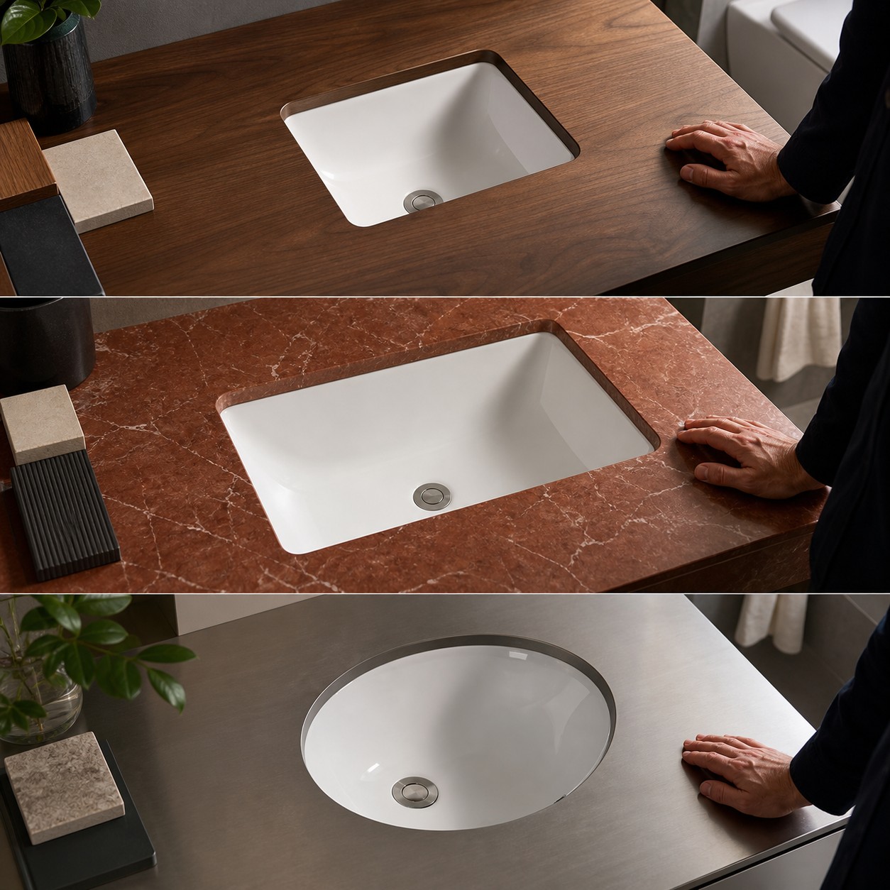 Three distinct undermount basin shapes reviewed with countertop material samples