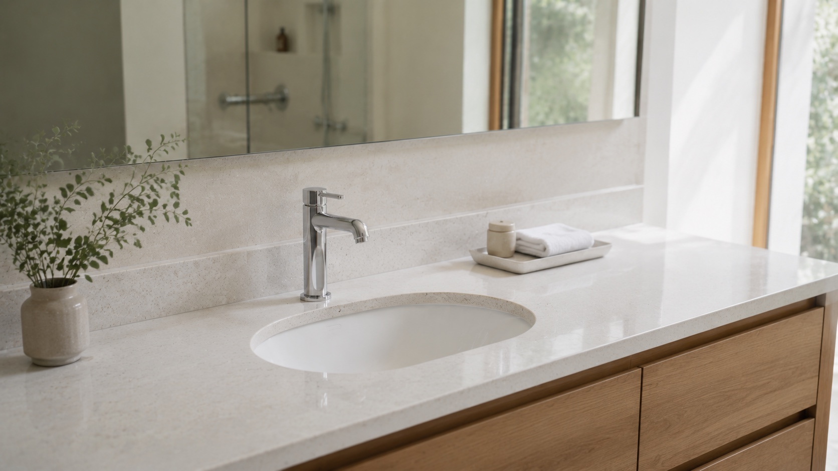 Modern hotel bathroom vanity with a seamless undermount ceramic basin set into a light stone top