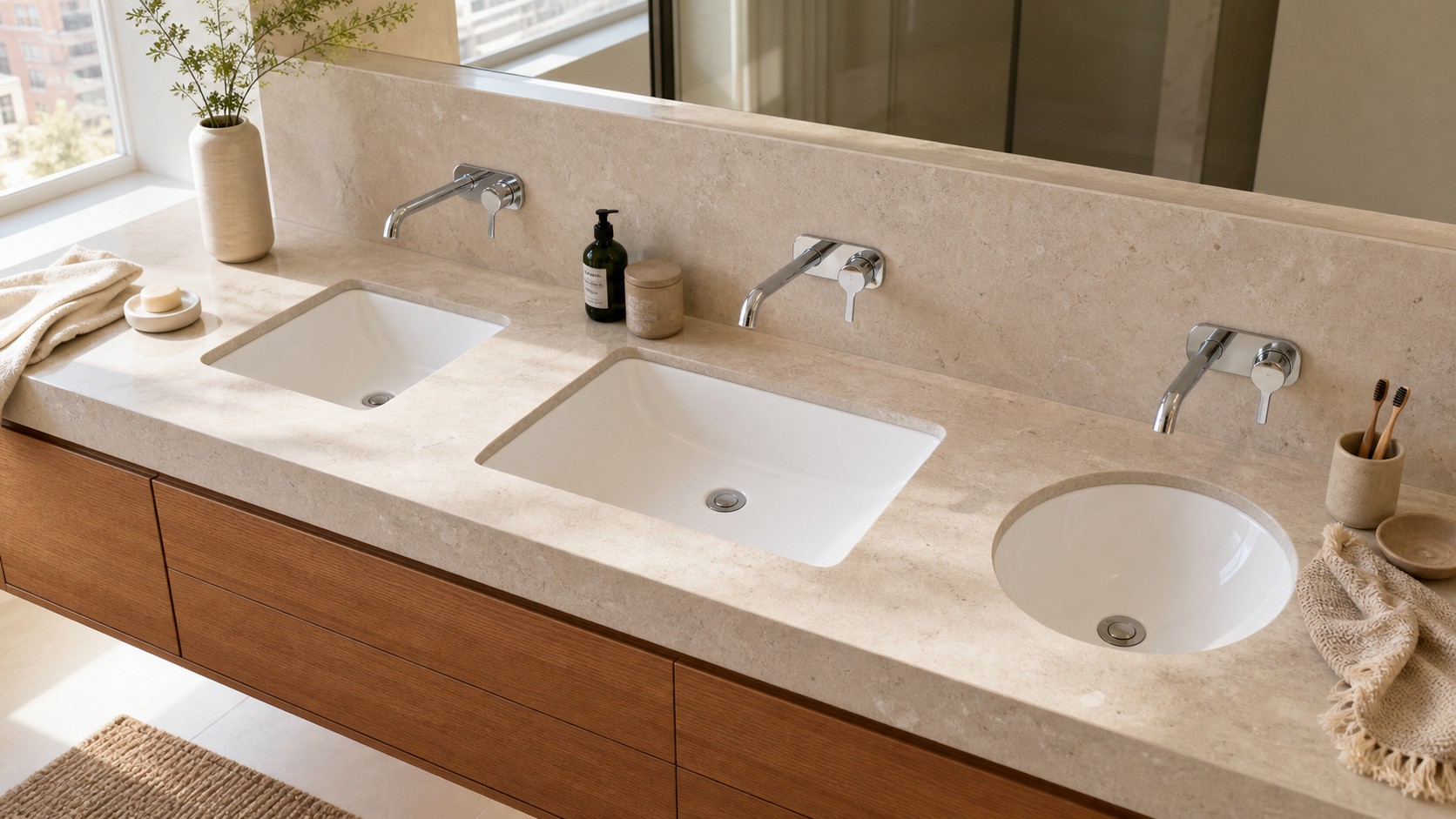 Undermount ceramic bathroom sinks in different sizes fitted below stone countertops