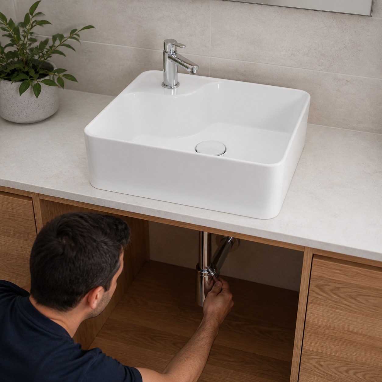 Unslotted waste installed below a ceramic basin without an overflow
