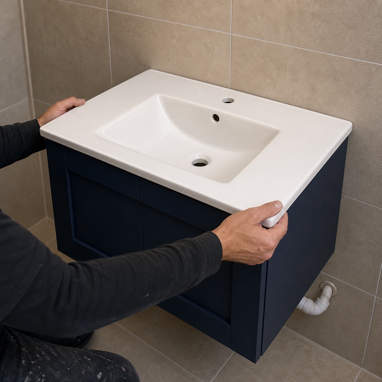 Installer dry-fitting a thin-rim ceramic vanity basin onto a wall-hung bathroom cabinet