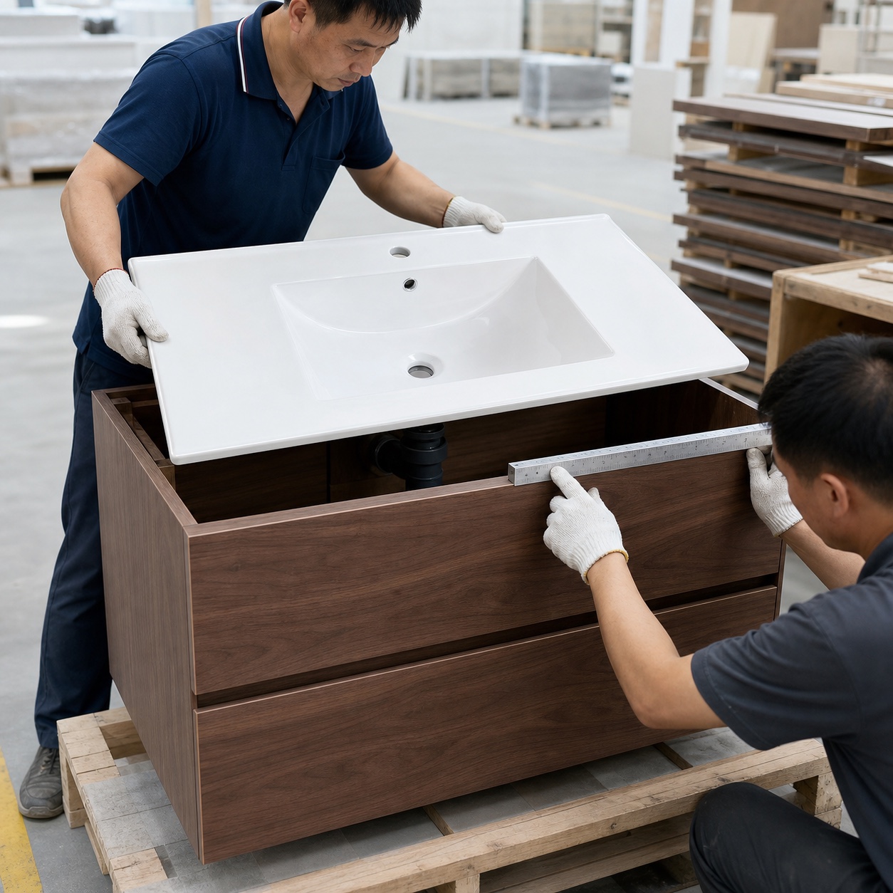Ceramic vanity basin dry-fitted to a bathroom cabinet during quality control