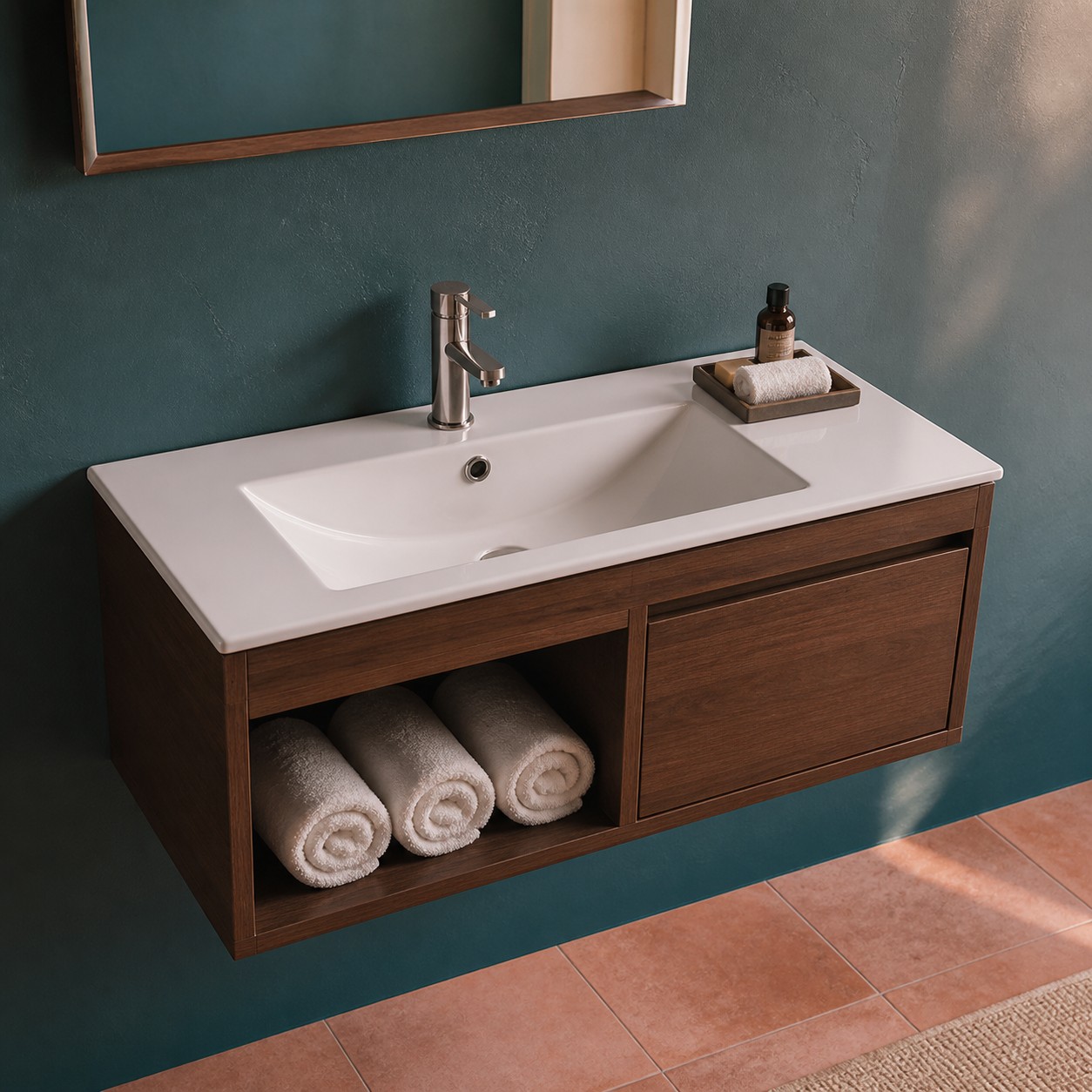 Vanity basin cabinet with open towel shelf and protected plumbing zone