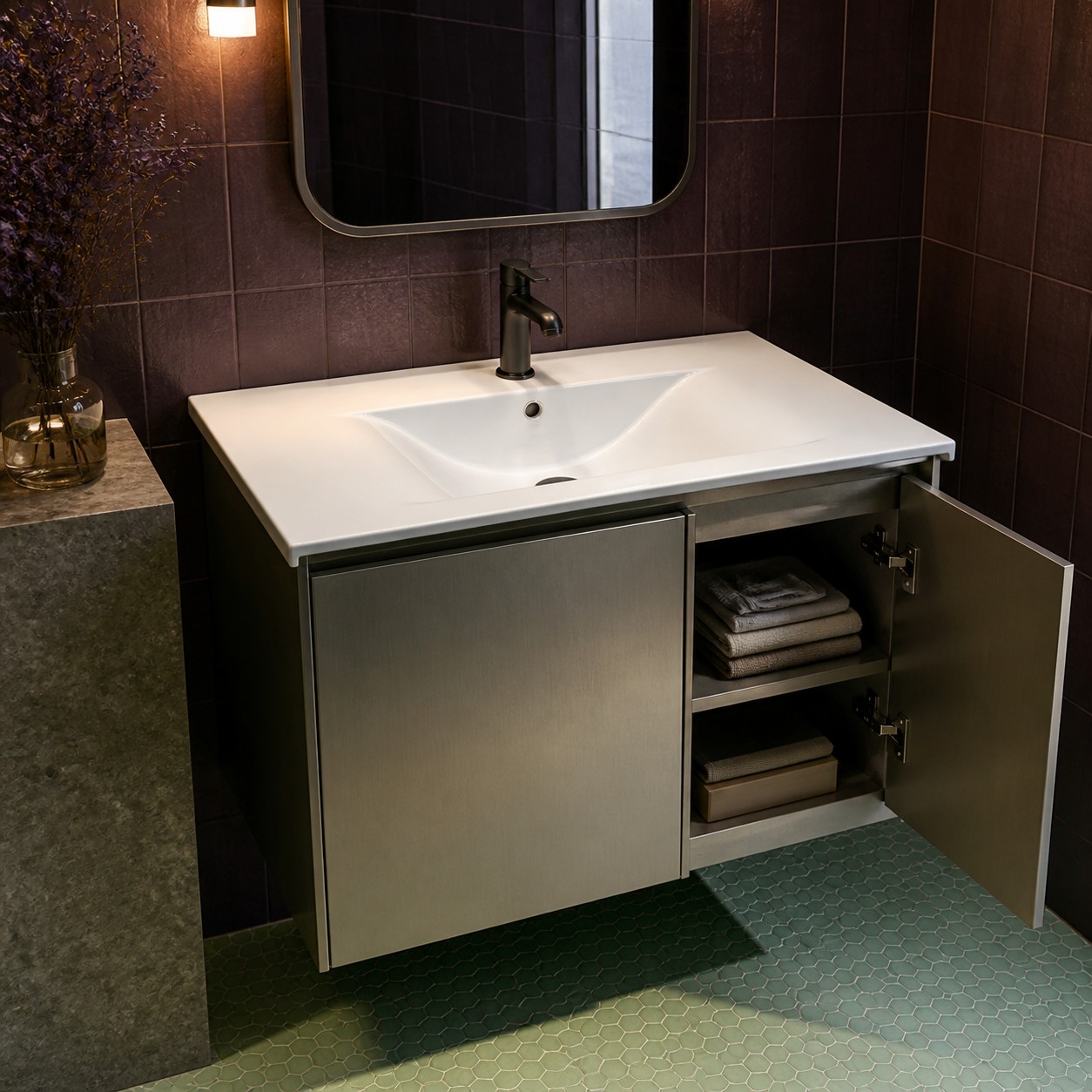 Vanity basin with separate practical side storage in a project bathroom