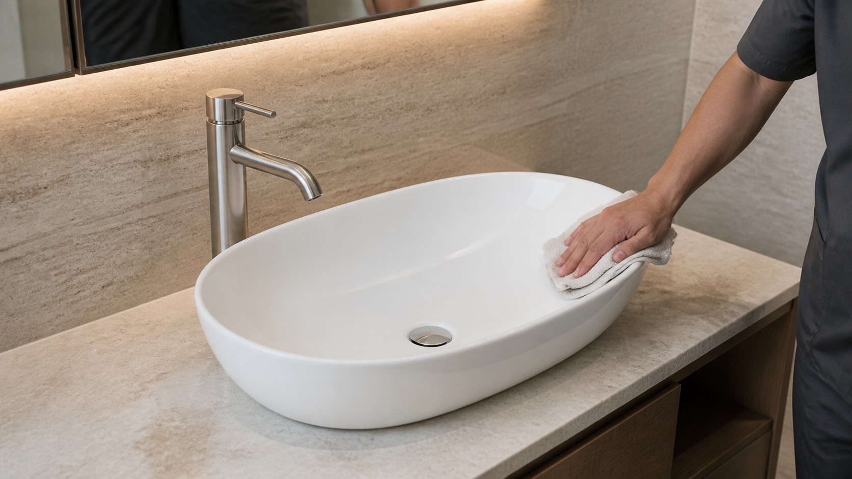 Oval vessel sink, rear wall and basin edge wiped to confirm cleaning access