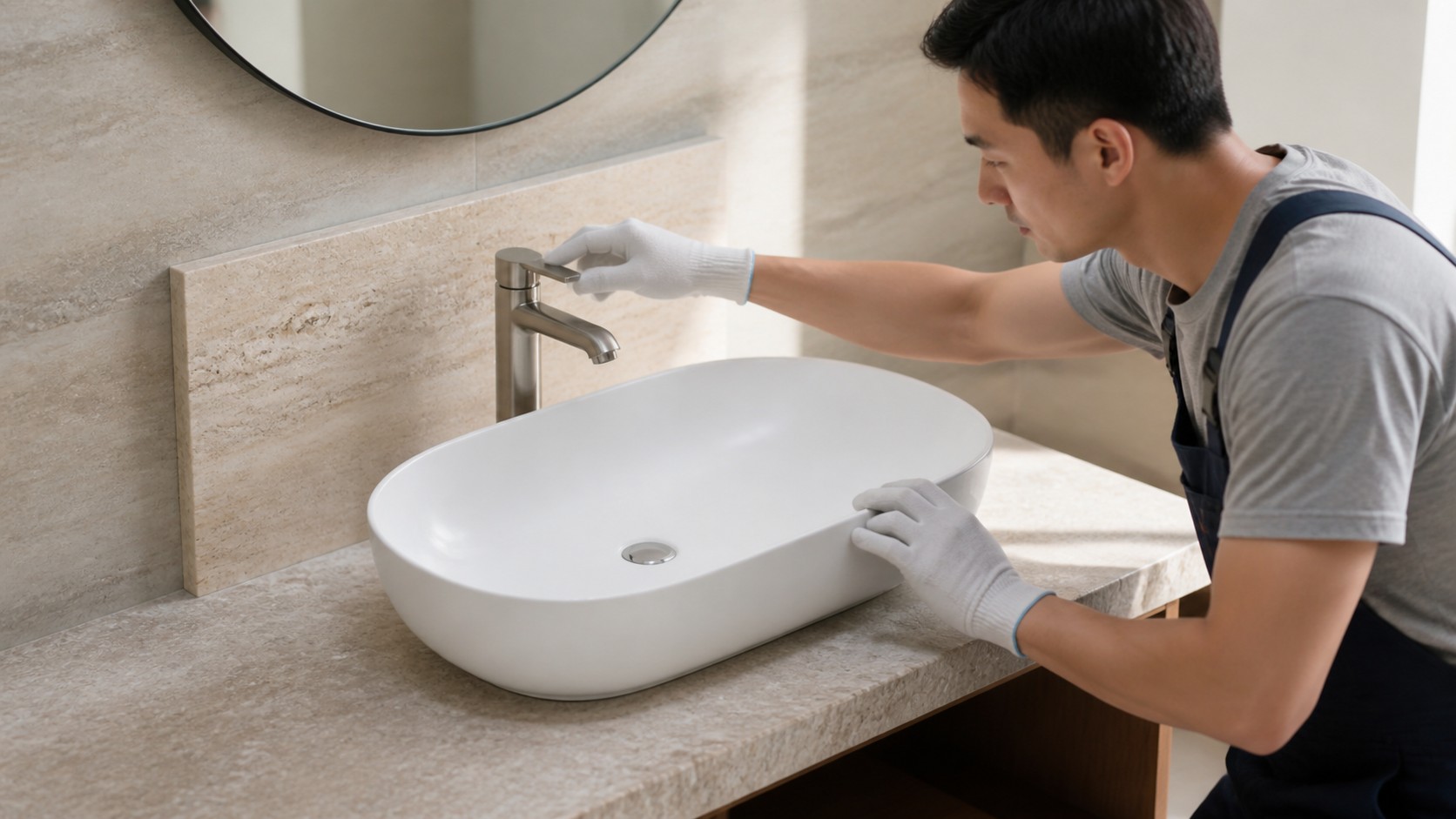 Vessel sink backsplash faucet handle and mirror clearance checked by dry fit