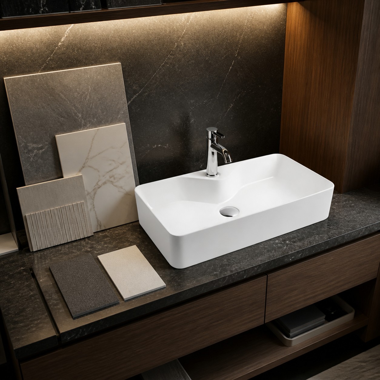 Installed rectangular vessel sink reviewed with backsplash wall-finish samples