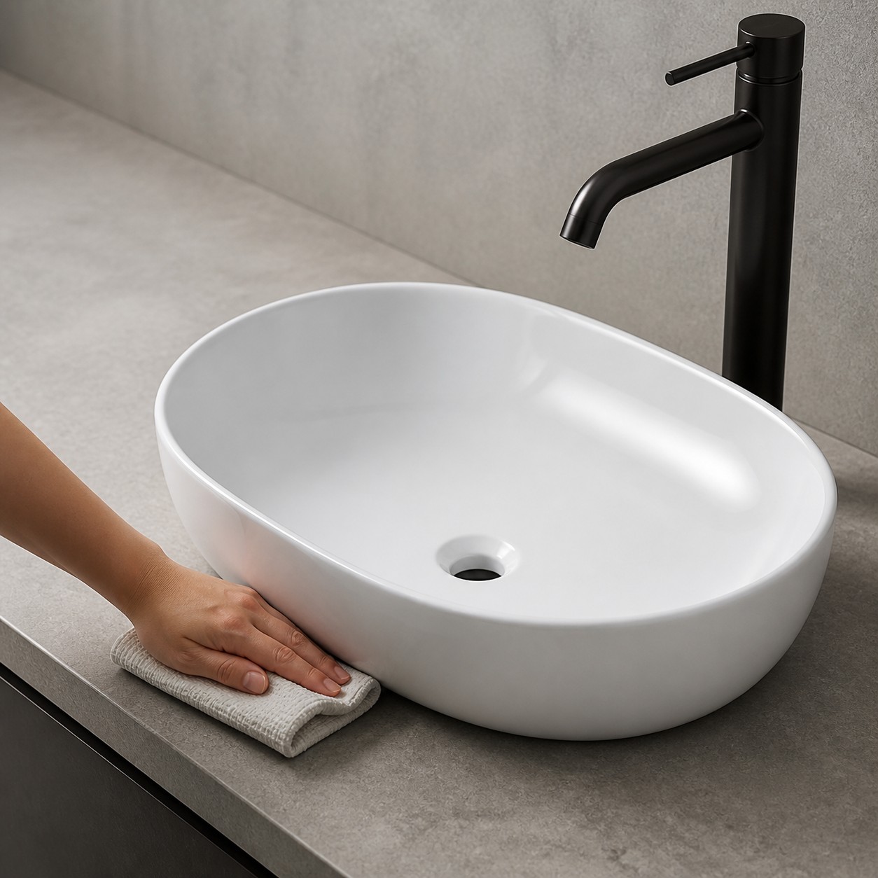 Housekeeper cleaning around vessel sink base junction