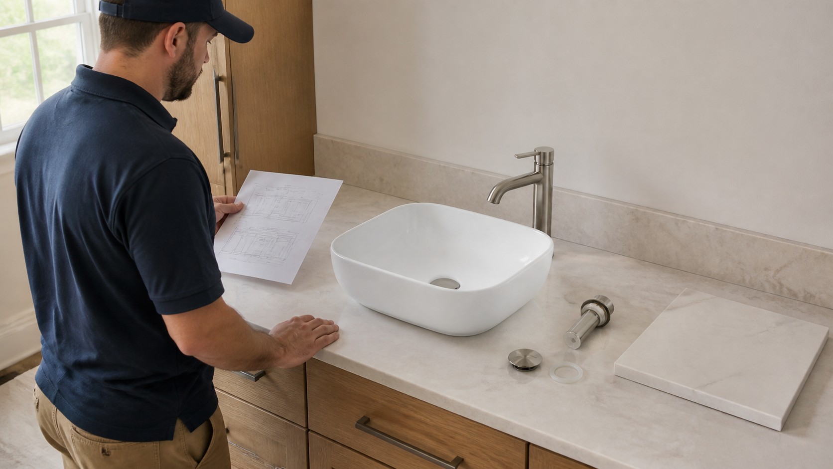 Contractor reviewing vessel sink conversion options with vanity top faucet and plumbing samples