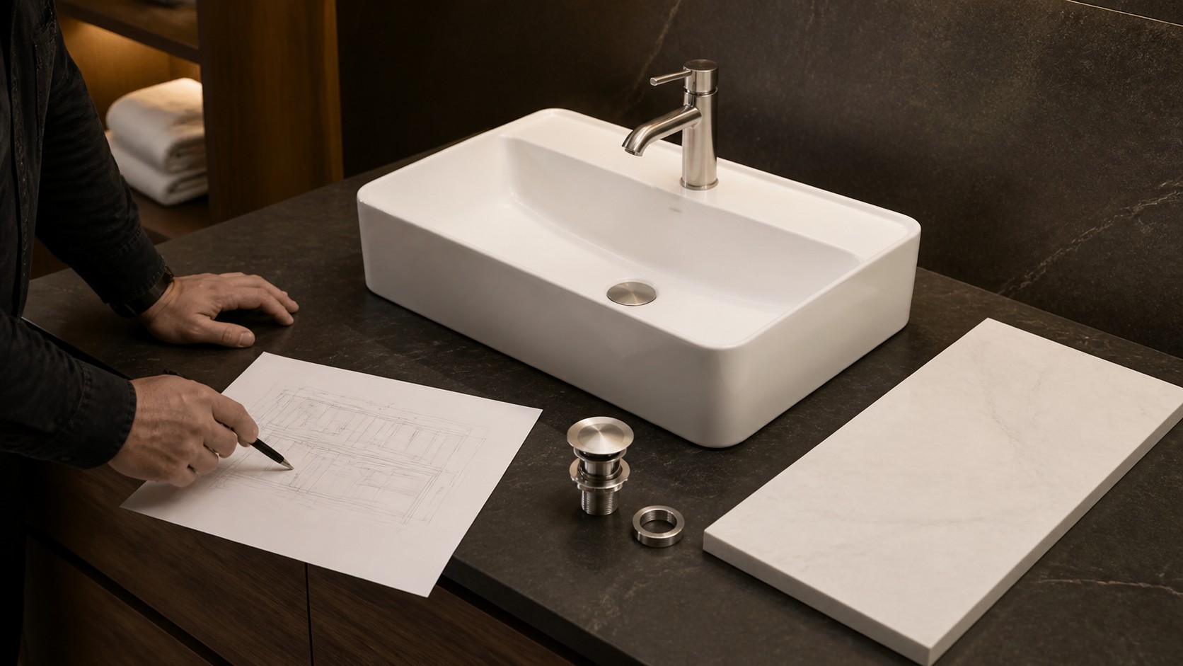 Contractor reviewing a rectangular vessel sink, drain parts, countertop sample and vanity drawing