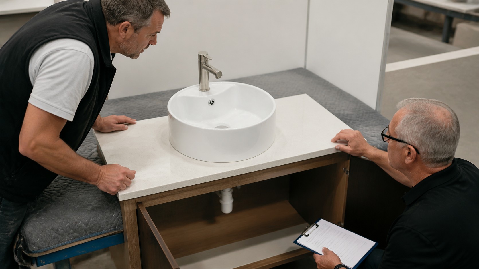 Countertop fabricator approving vessel sink support hole edge distance and underside access