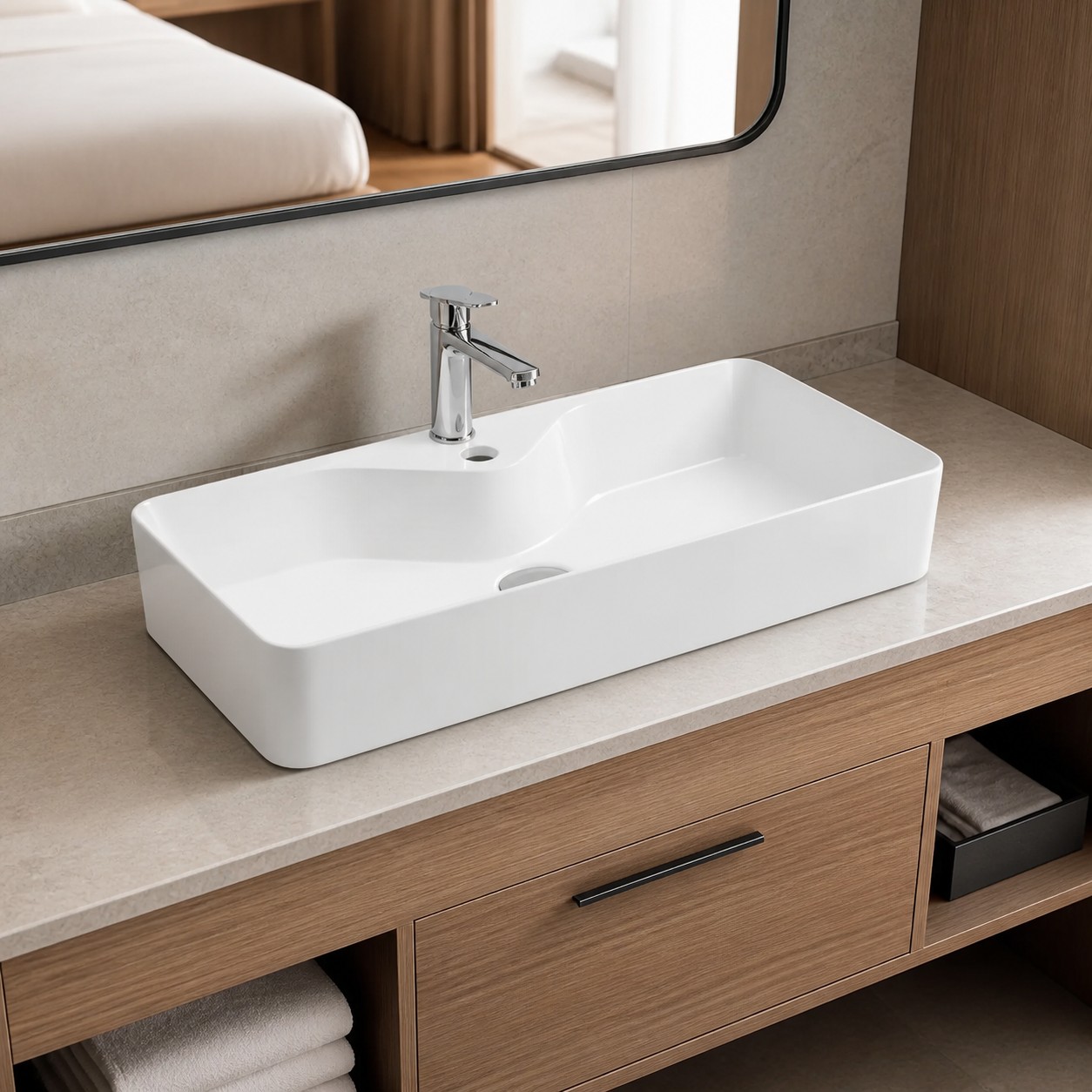 Ceramic vessel sink showing visible form and usable counter
