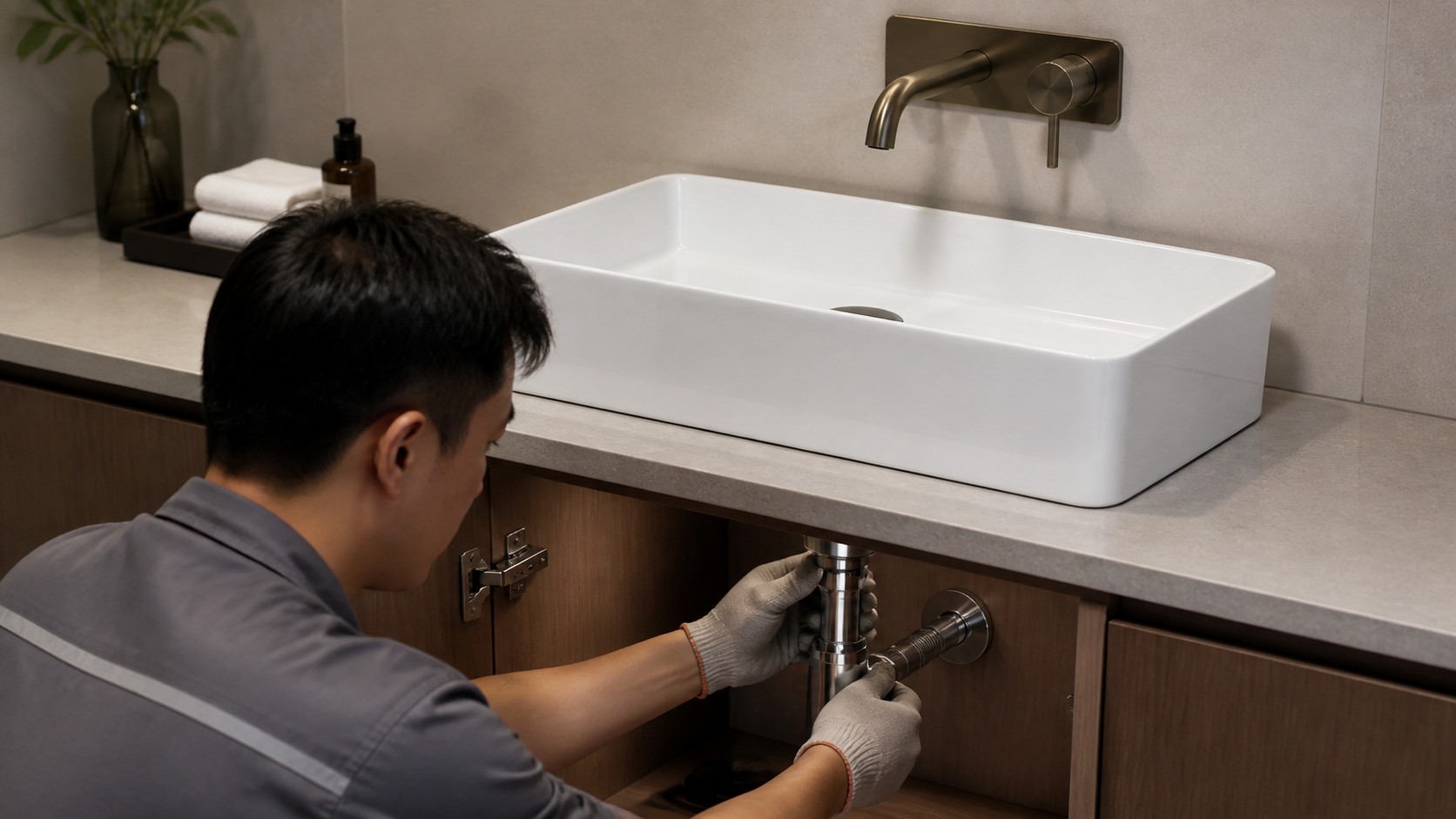 Installer assembling vessel sink drain and faucet on vanity