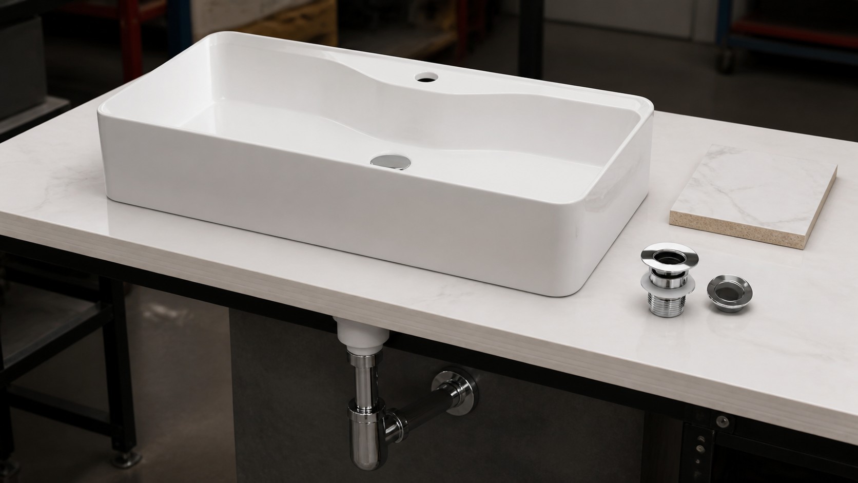 Ceramic vessel sink and pop-up drain components under compatibility review