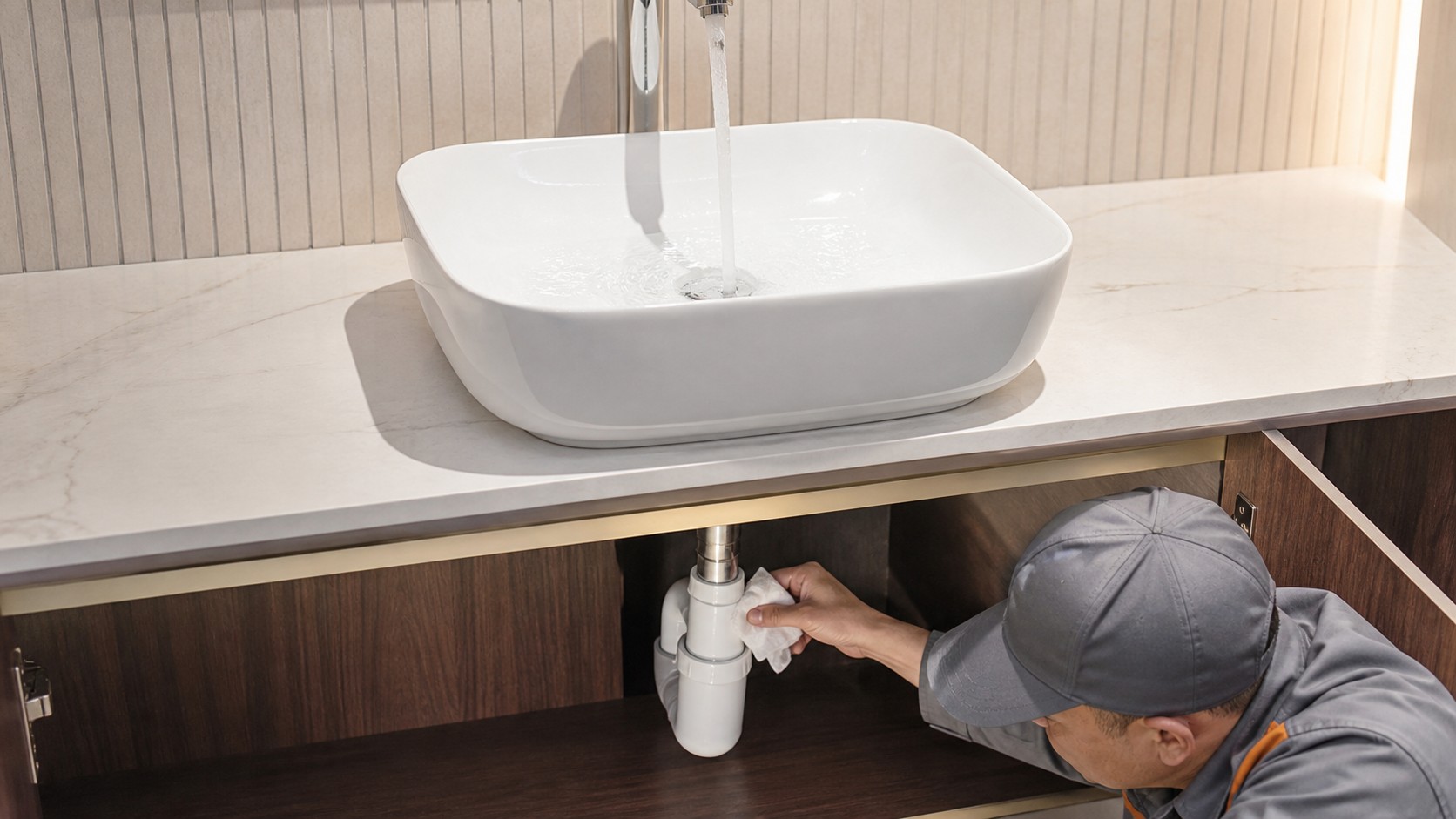 Vessel sink drain, tailpiece and trap undergoing leak test