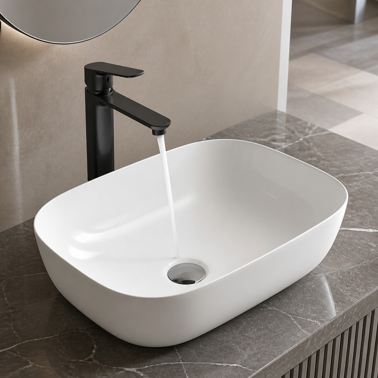Faucet stream landing smoothly near vessel sink drain
