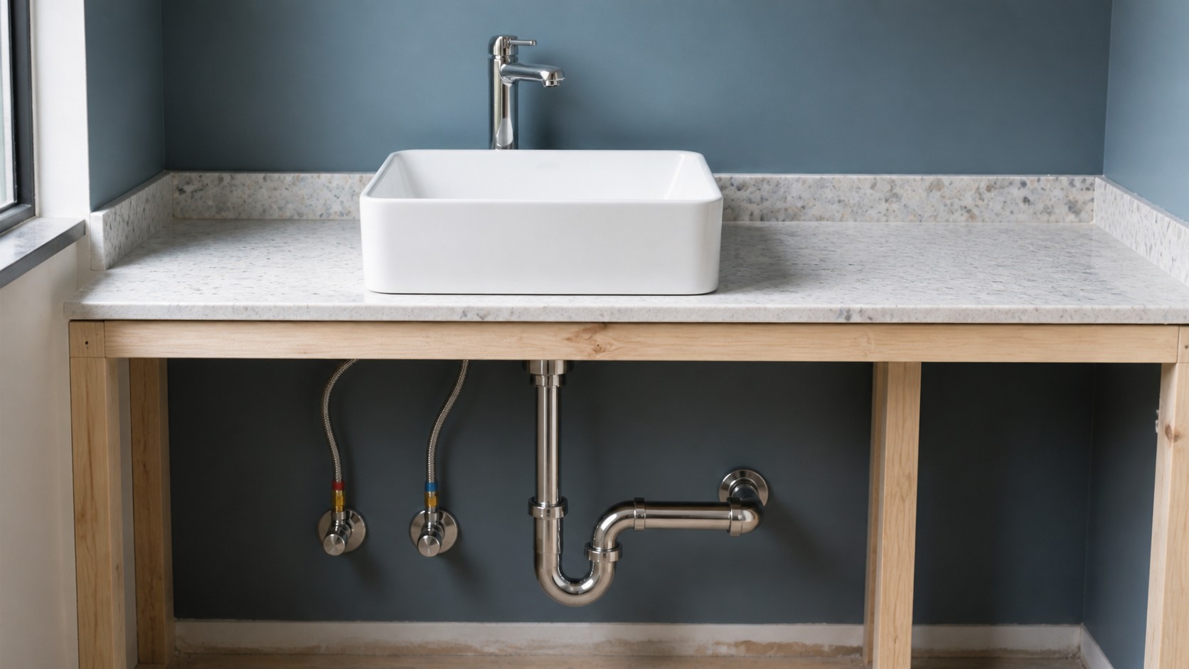 Vessel sink faucet and hot cold supply routes coordinated before wall closure