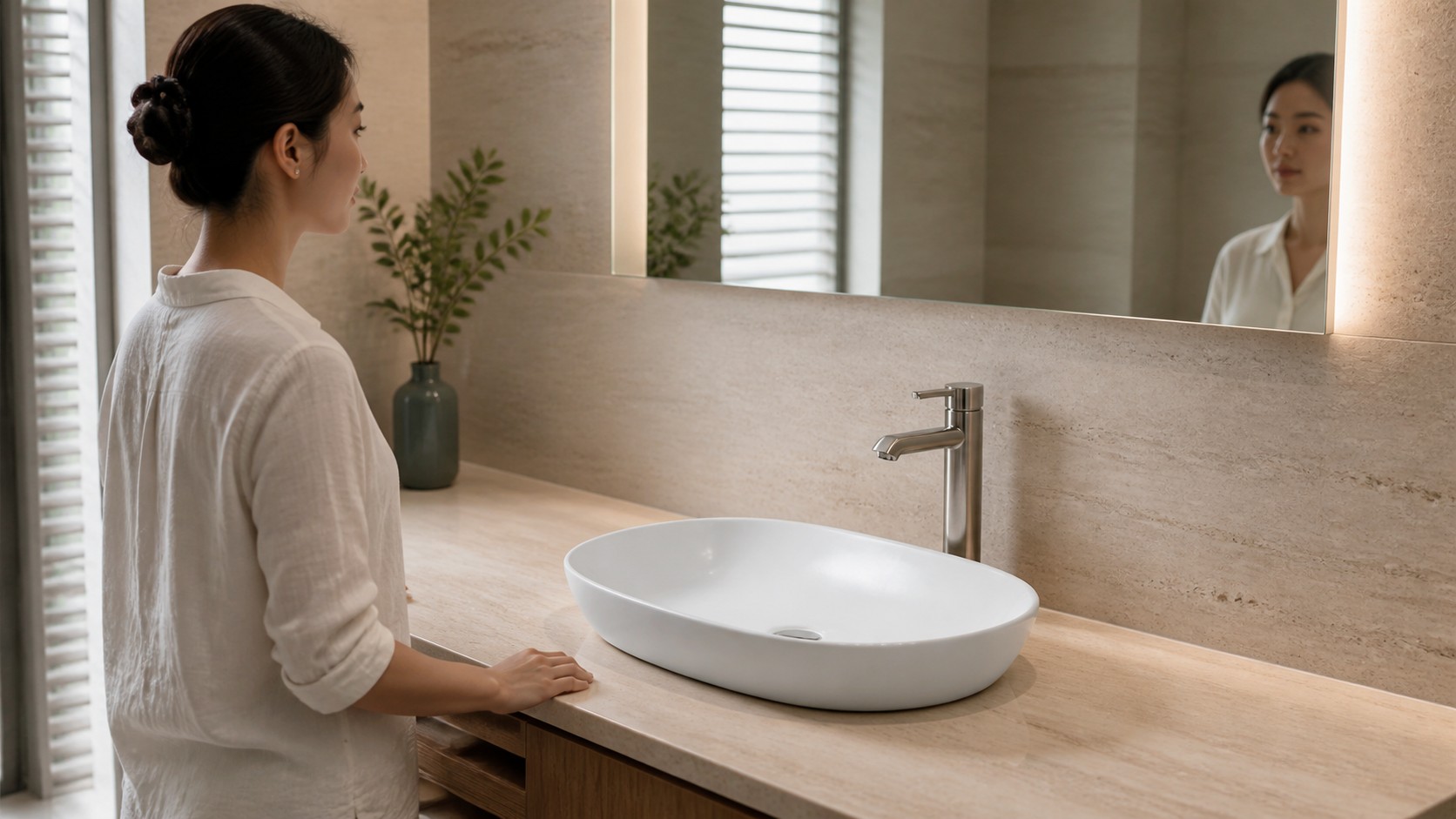 User checking the finished rim height and reach of an oval vessel sink on an existing vanity