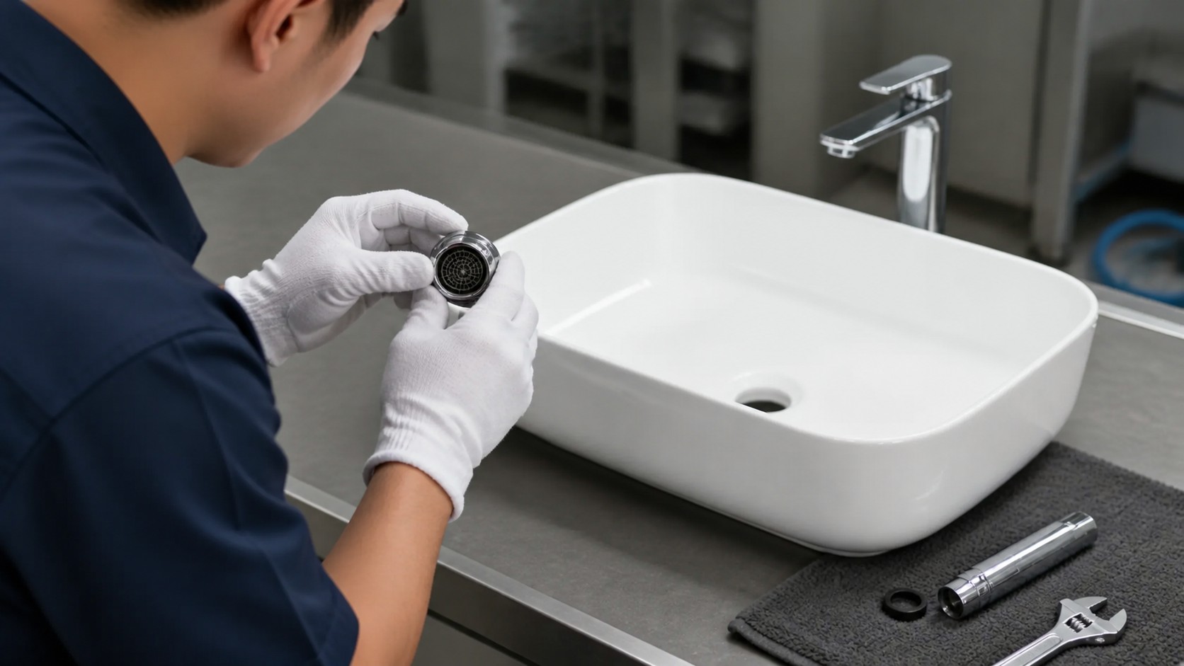 Technician checking vessel faucet aerator and controlled flow