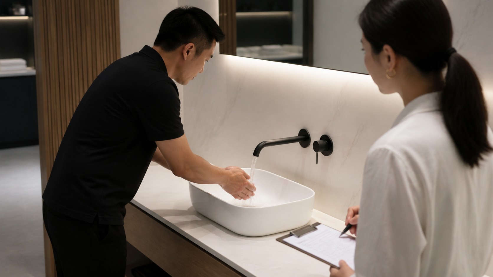 Users testing vessel sink height and faucet reach