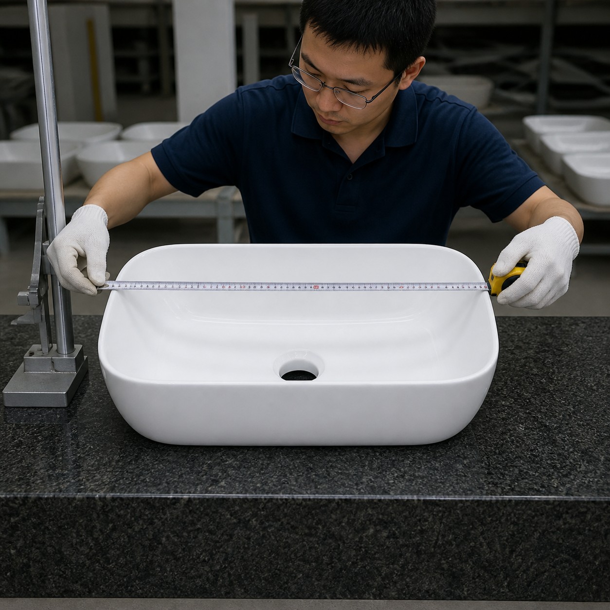 Technician measuring a ceramic vessel sink envelope