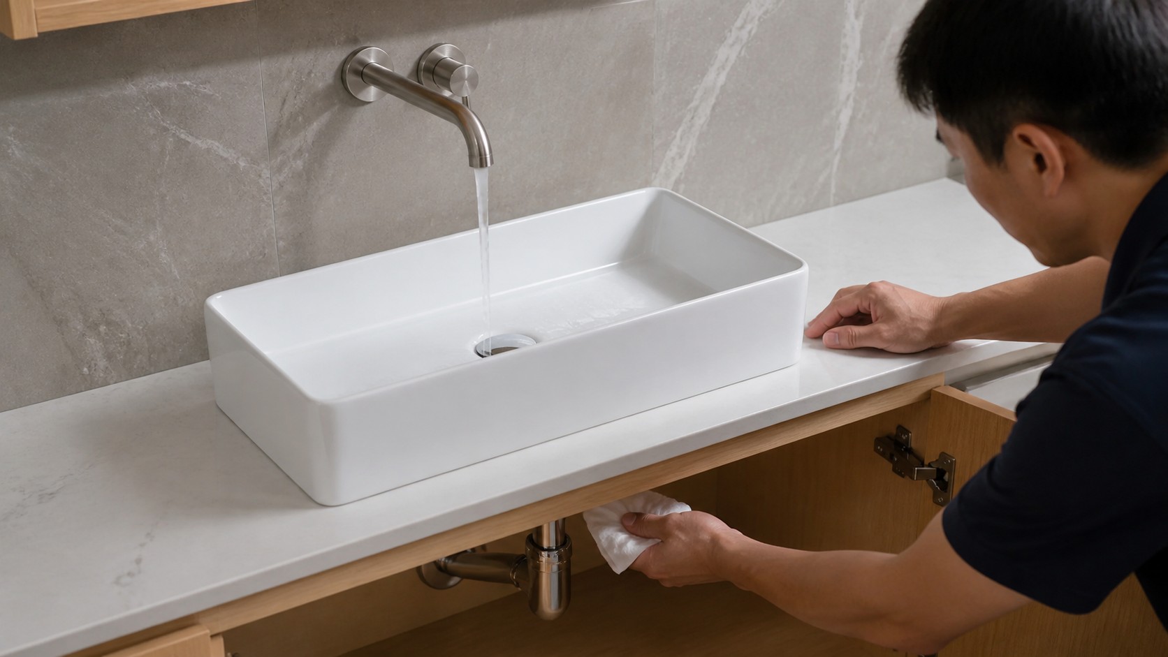 Completed vessel sink installation undergoing leak test