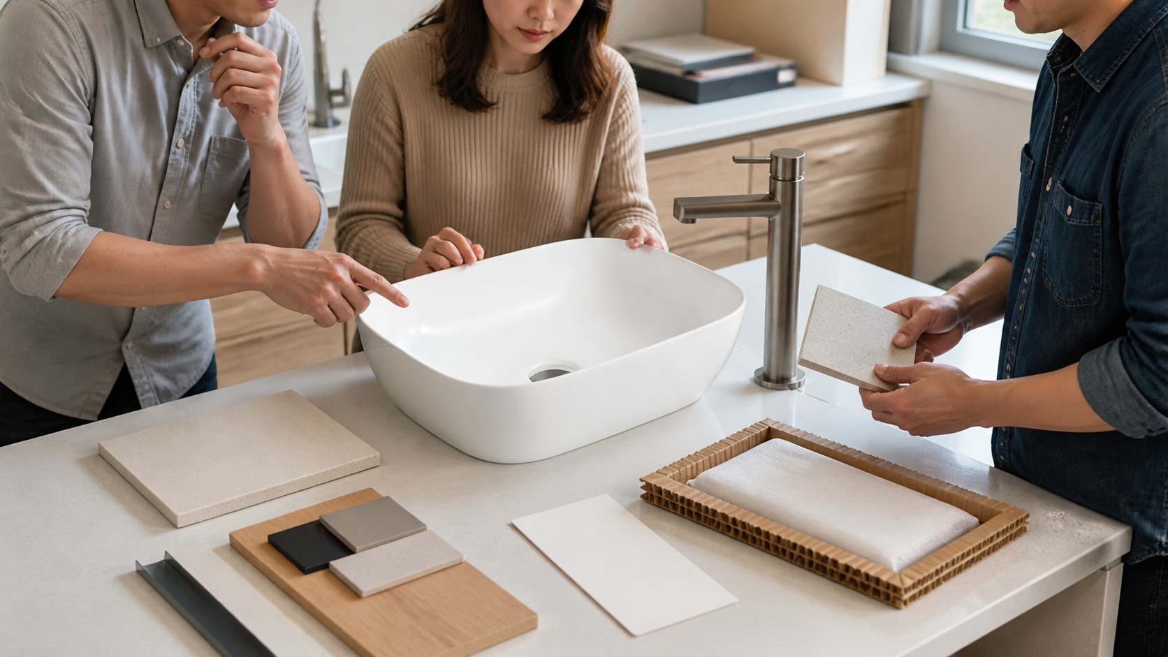 Project team comparing vessel sink material samples cleaning notes and replacement control