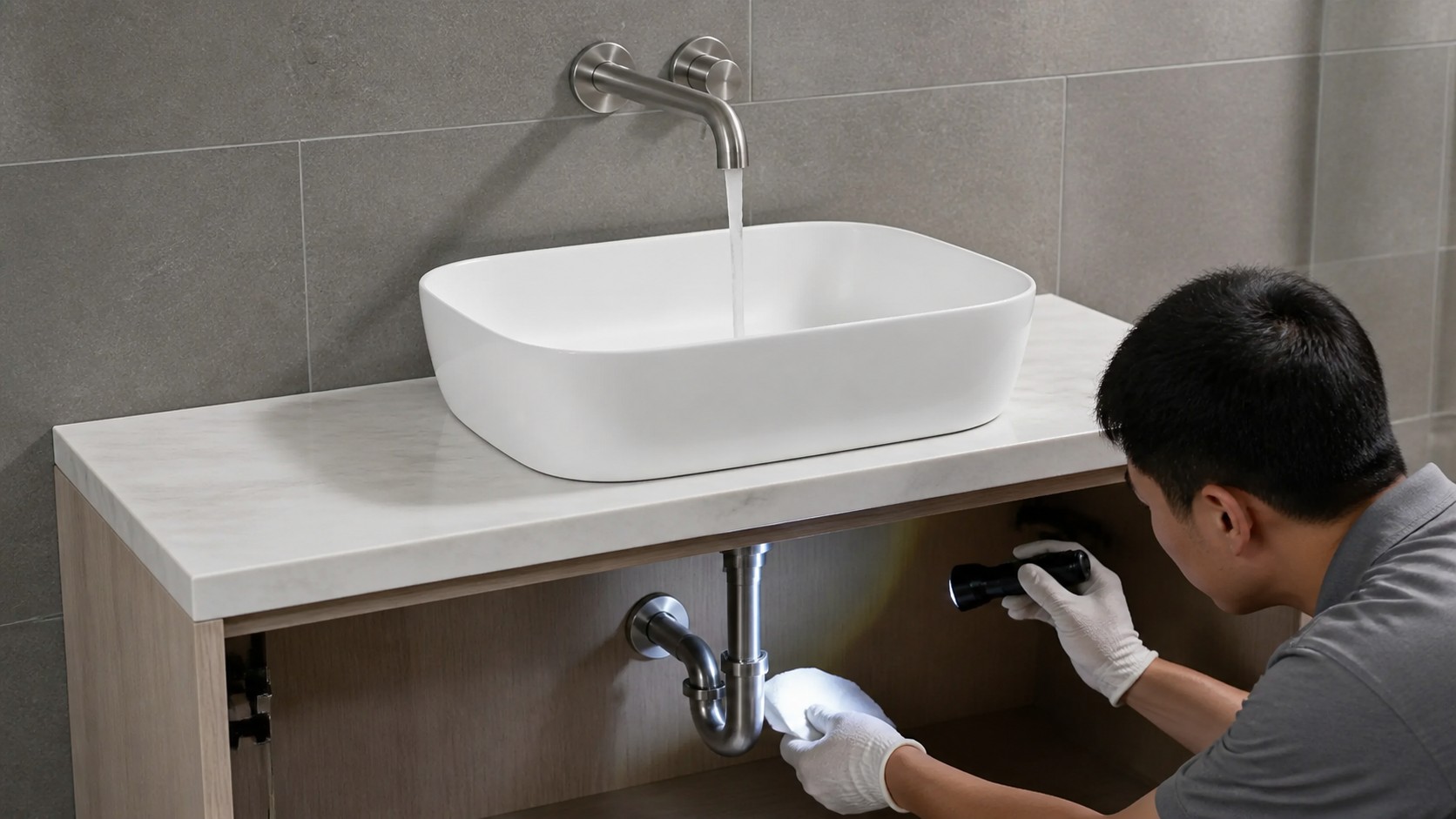 Technician leak-testing one vessel sink tailpiece and P-trap