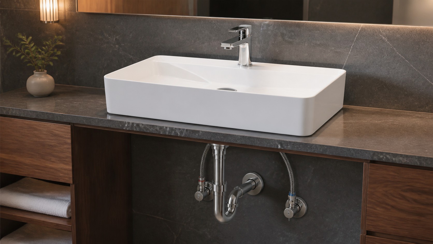 Vessel sink vanity wall and plumbing coordinated in a full-size rough-in mock-up