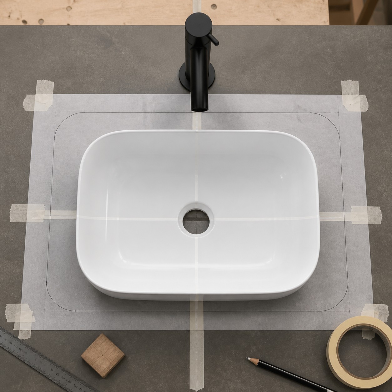 Installer checking vessel sink centreline and clearances