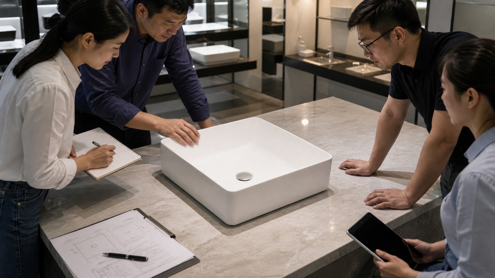 Project team scoring a working vessel sink sample