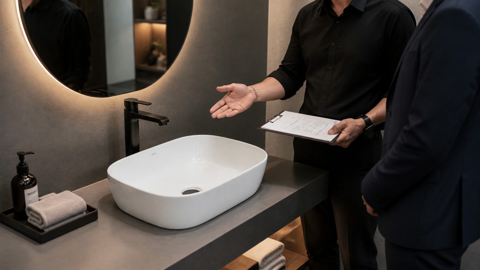 Ceramic vessel sinks being compared in a bathroom project mock-up
