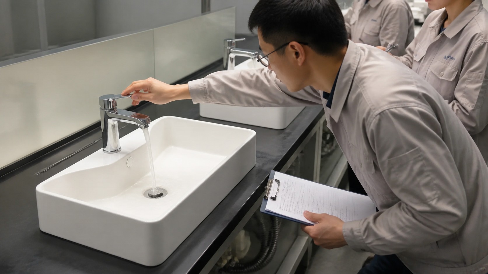 Project team repeating normal-flow tests at a long vessel sink