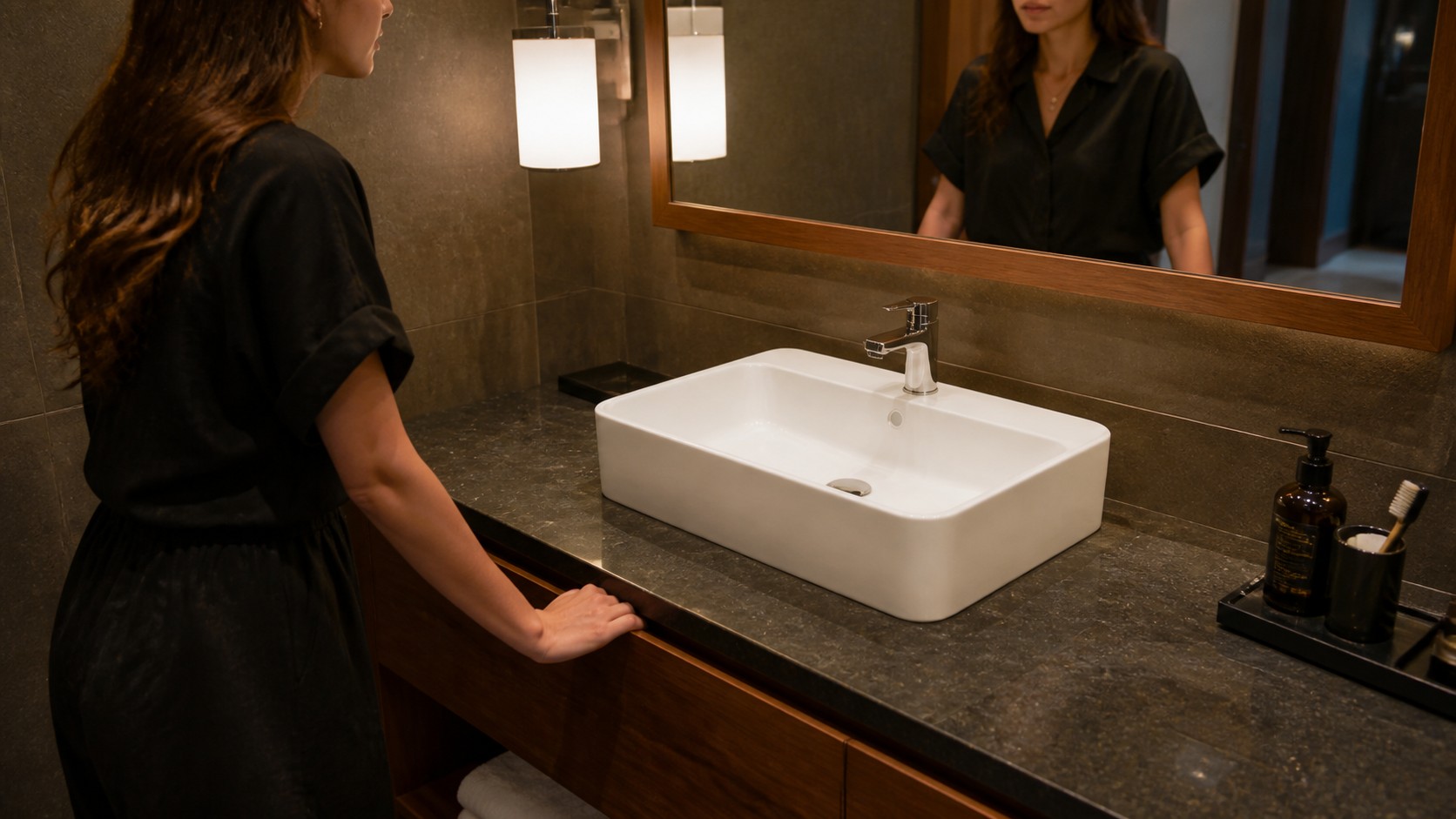 Full-size vessel sink retrofit mock-up checking finished rim height and user reach
