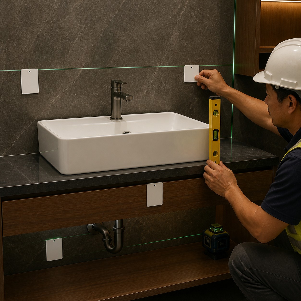 Vessel sink rough-in checked from finished floor wall counter and drain datums