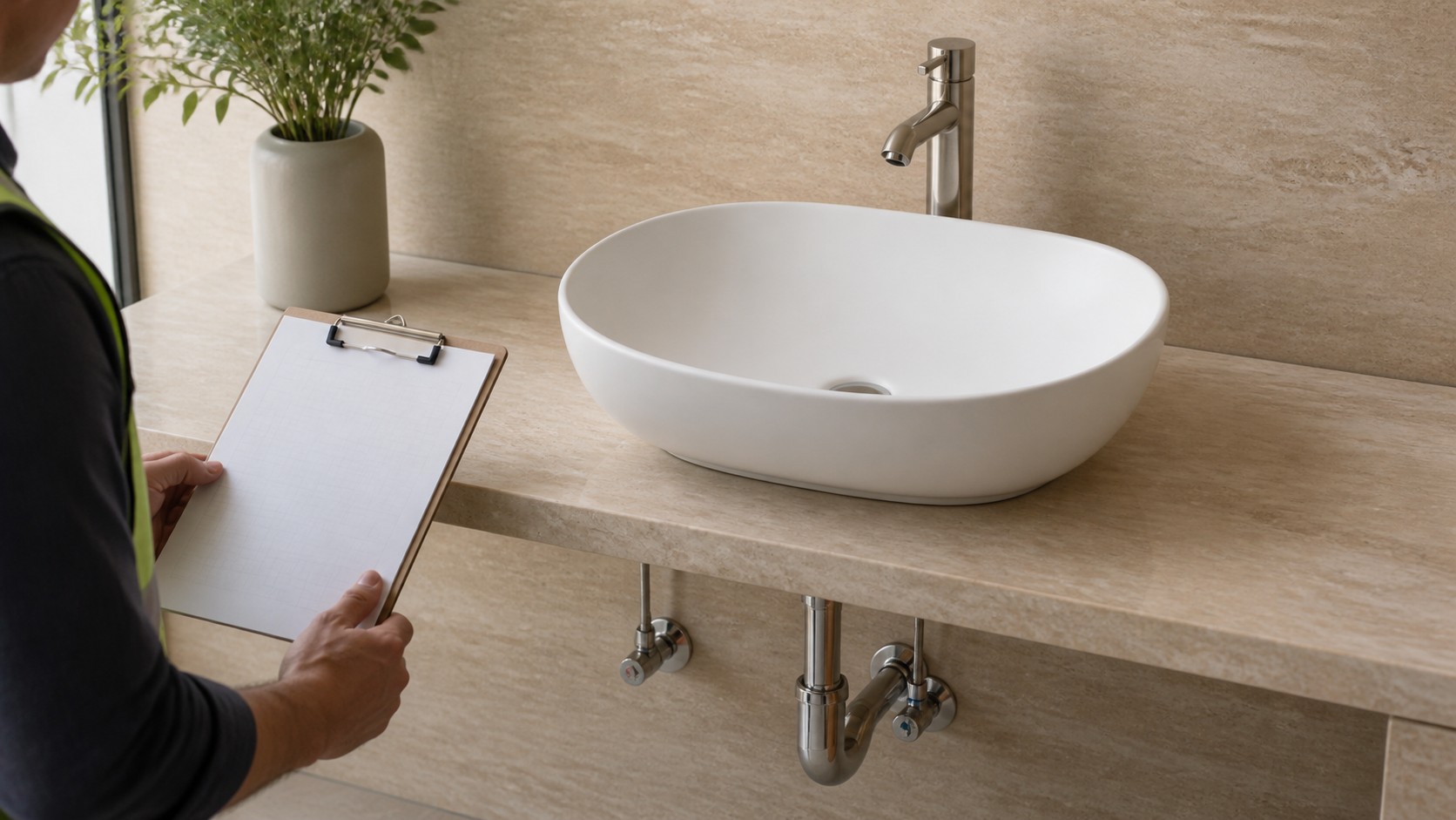 Vessel sink rough-in photographed and tested before wall and cabinet closure