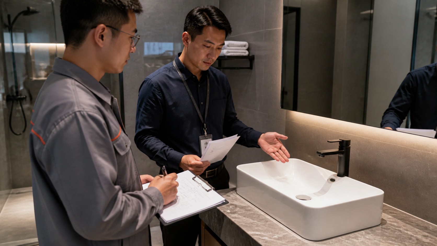 Project team approving a countertop basin and vanity sample
