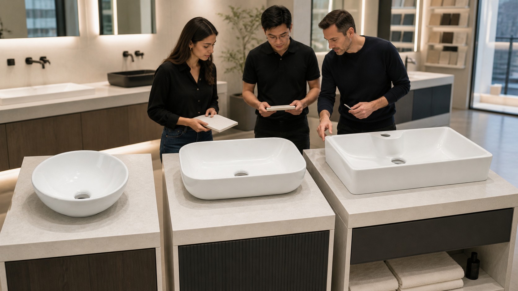 Different ceramic vessel sink sizes arranged for vanity fit review