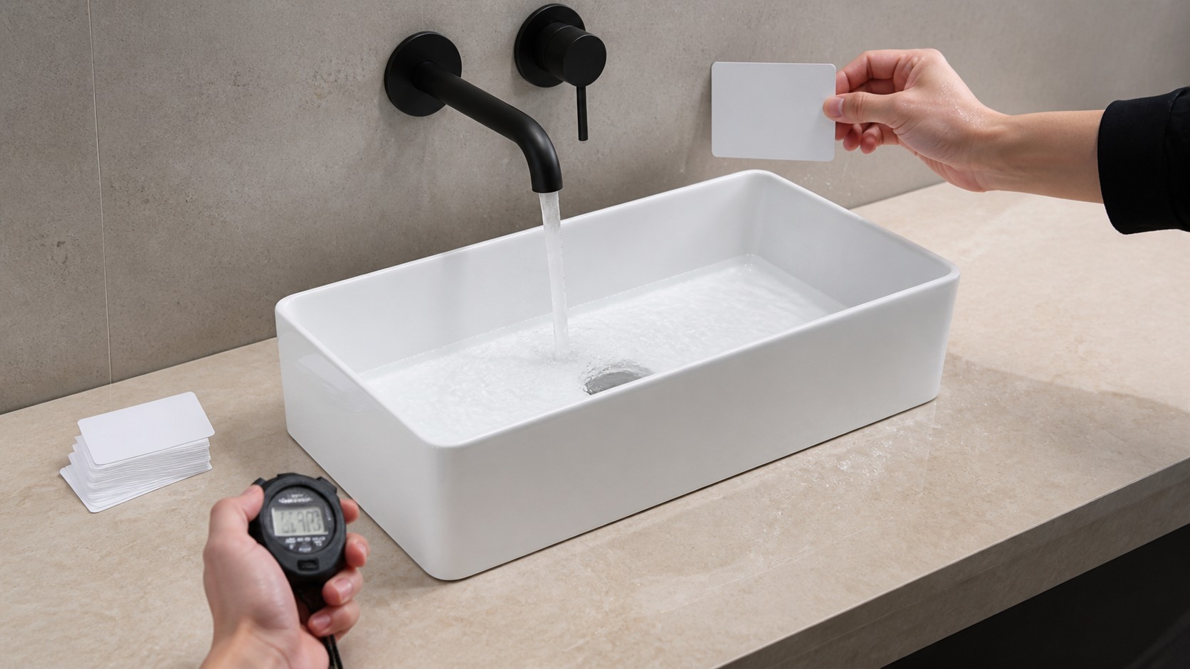 Timed vessel sink splash test using blank absorbent cards