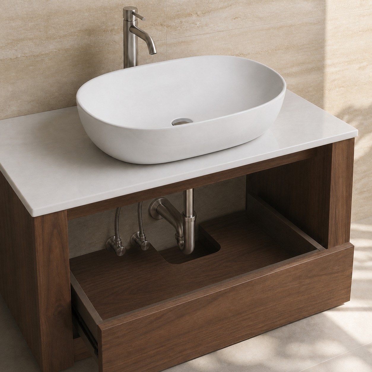 Vessel sink trap valves and drawer checked for service clearance inside a vanity