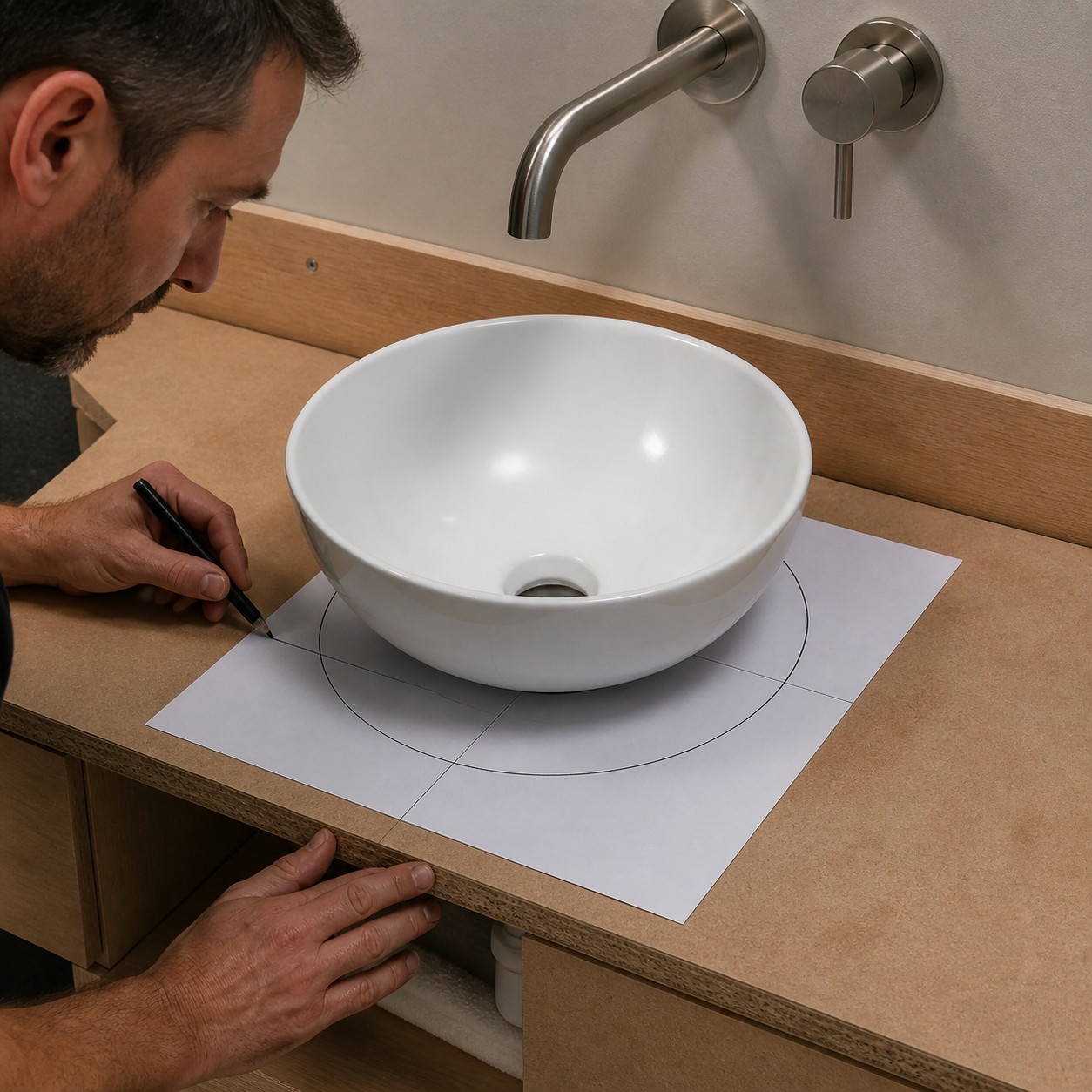 Compact no-hole vessel sink checked against wall-mounted faucet reach
