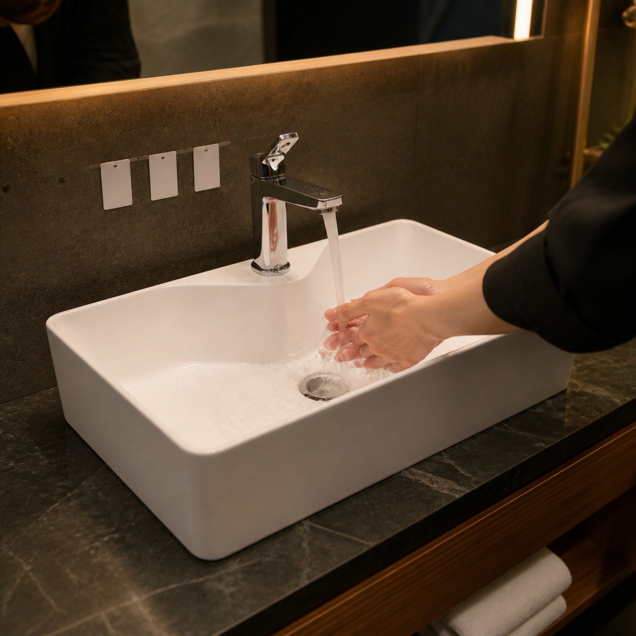 Vessel sink wall splash zone checked under normal hand-washing flow