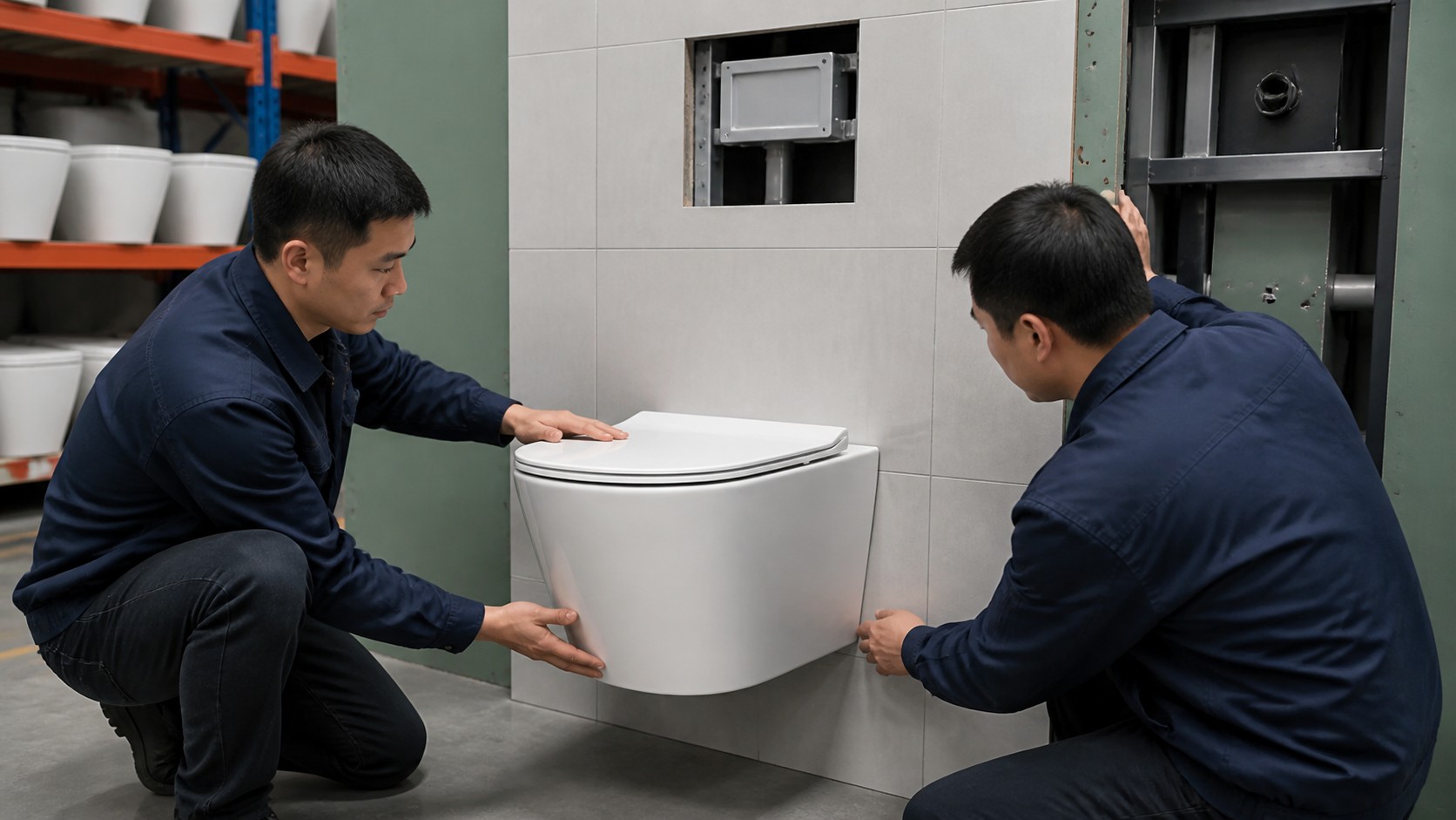 Wall-hung toilet bowl coordinated with an unbranded in-wall carrier before the bathroom wall is closed