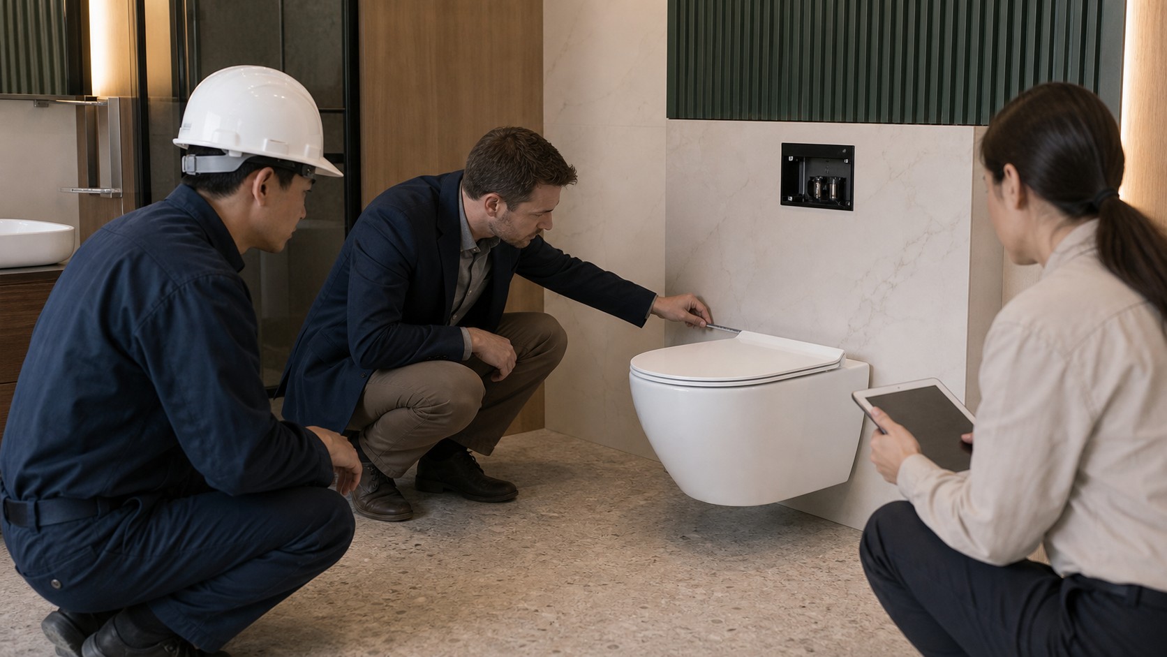 Project team dry-fits and flush-tests a wall-hung toilet bowl on an approved carrier mock-up