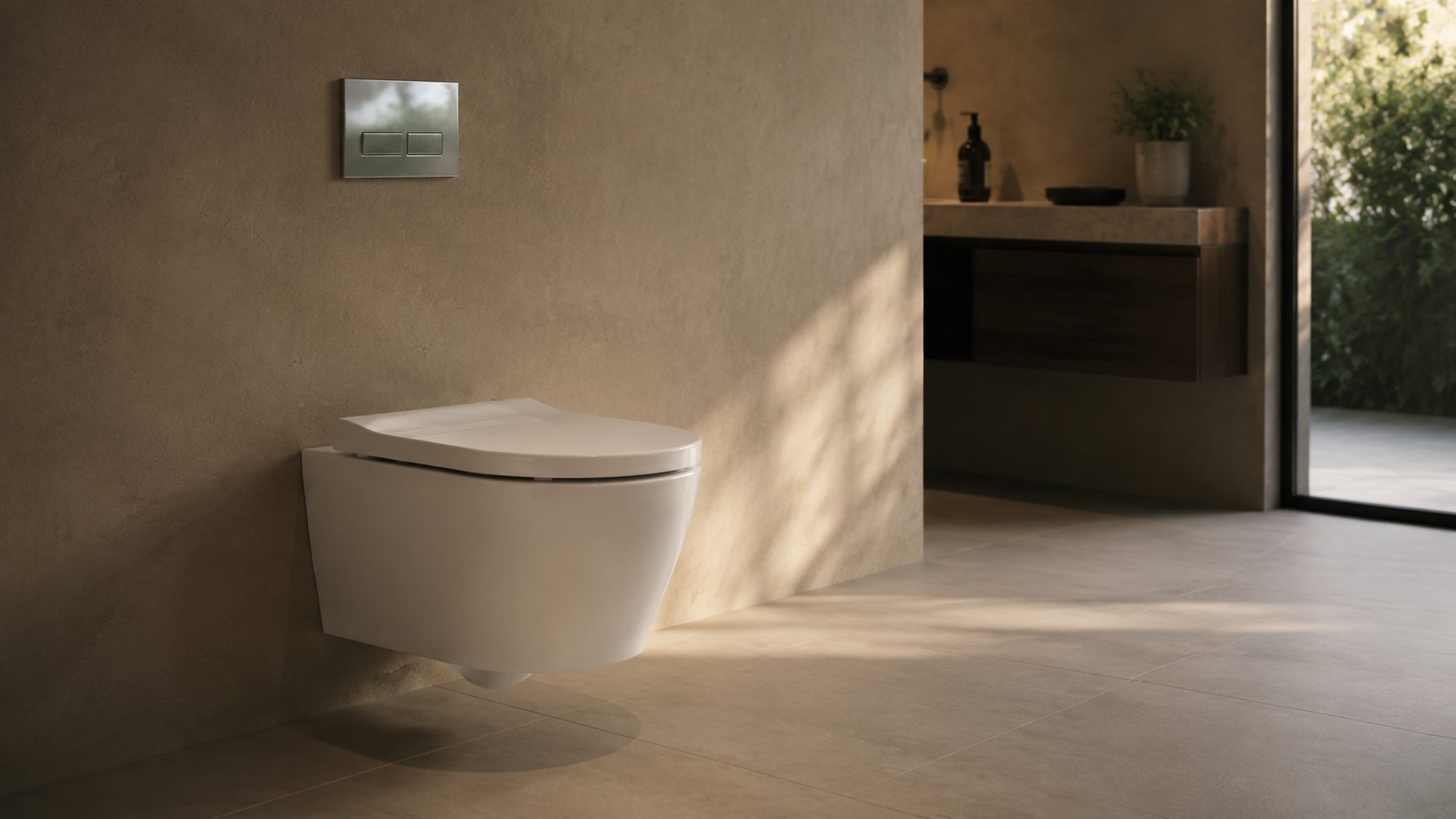 A white wall-hung ceramic toilet appearing to float on a stone-clad wall in a clean modern bathroom, with no visible tank or floor contact
