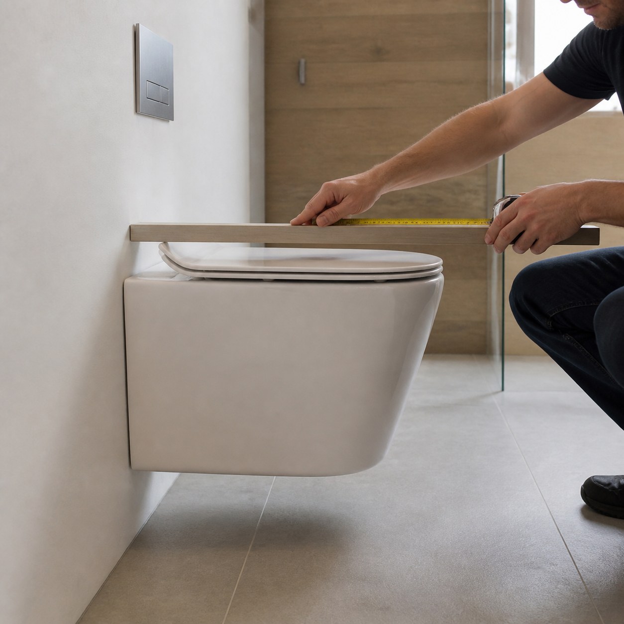 Checking wall-to-front projection and circulation around a compact wall-hung toilet